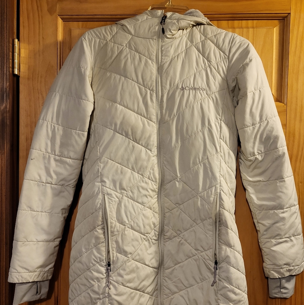 Columbia White Omni Heat Long Hooded Light Jacket Puffer